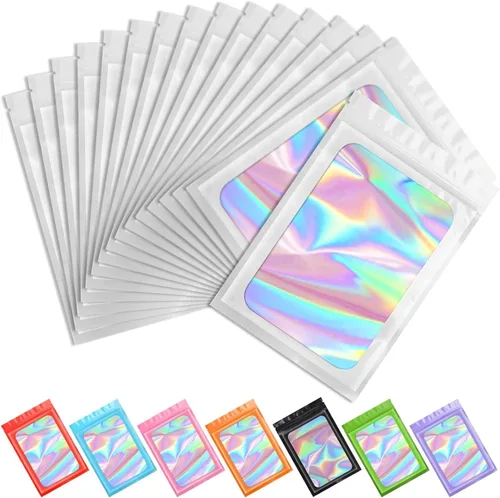 Vista 24 de Funfery 100 bolsas holográficas de Mylar naranja, cremallera resellable
