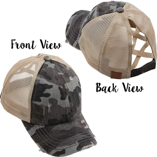 Vista 4 de Funky Junque Gorra de béisbol para mujer, diseño de cola de caballo desgastada, moño desordenado, camionero