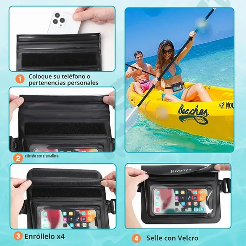 Vista 9 de Niveaya Paquete de 2 riñoneras impermeables para mujeres y hombres, IPX8, bolsa impermeable para cinturón seco para playa, kayak, natación, pantalla