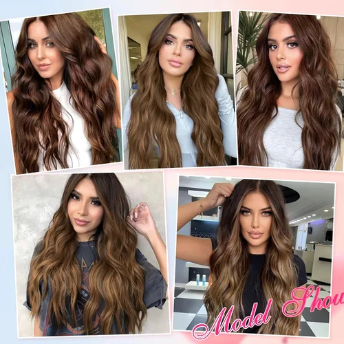 Vista 7 de EMMOR Peluca larga y ondulada marrón mixta para mujer, pelucas de encaje frontal, aspecto natural, 26 pulgadas, parte media, peluca rizada