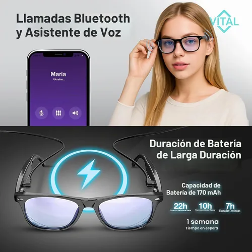 Vista 6 de Gafas Inteligentes Vital para Hombres con Traducción IA – Audio Bluetooth 5.3 de Oído Abierto, Traductor de 164 Idiomas en Aplicación de Teléfono