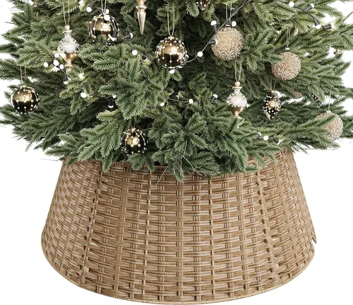 Vista 20 de Collar de mimbre para árbol de Navidad, cubierta de base de árbol PP marrón plano