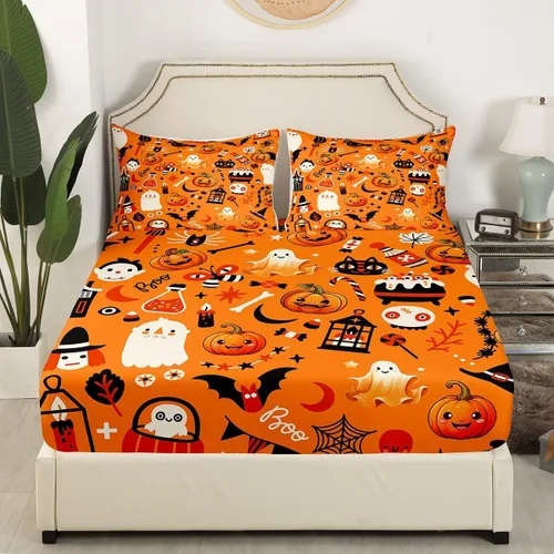 Vista 3 de Erosebridal Sábanas de Halloween para niños y niñas, juego de sábanas espeluznantes de dibujos animados, tamaño individual, juego de ropa de cama