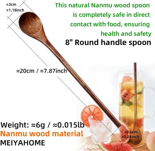 Vista 2 de Meiyahome - Cuchara de madera larga de mango redondo de 8 pulgadas, cuchara mezcladora hecha a mano de material Nanmu, cuchara de café de 7.9 in