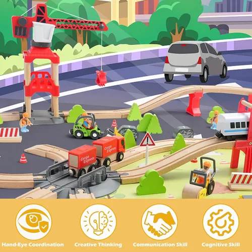 Vista 2 de Juego de Tren de Madera de 104 Piezas para Niños Pequeños, Trenes Magnéticos con Vía para Niños de 3 a 6 Años, Compatible con las Principales