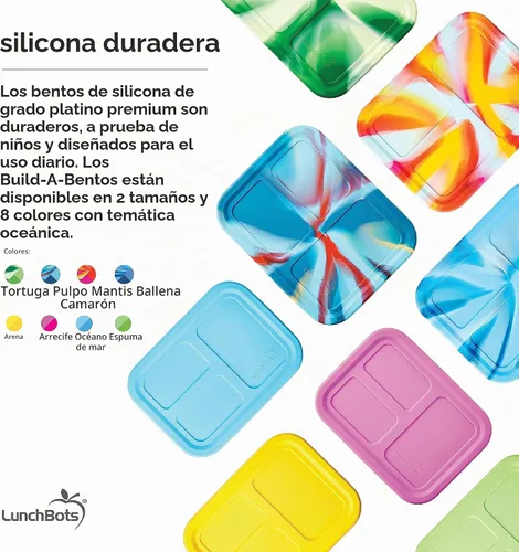 Vista 4 de LunchBots Build a Bento - Lonchera dividida de silicona platino de 28 onzas, color azul Azul solido