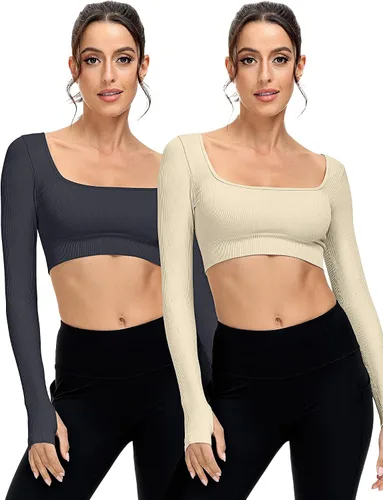 Vista 9 de Paquete de 3 camisetas cortas acanaladas sin costuras de manga larga con cuello cuadrado para mujer, entrenamiento, gimnasio, yoga