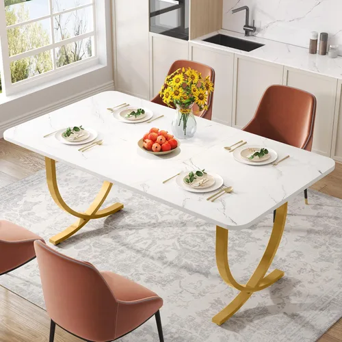 Vista 2 de LITTLE TREE Mesa de comedor, mesa de cocina con tablero de mármol sintético y patas de metal dorado Blanco & Oro