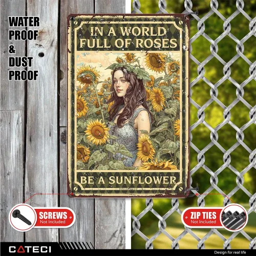 Vista 2 de Accesorios de escritorio de girasol para oficina -in A World Full of Roses Be A Sunflower- Divertidos letreros de hojalata, póster de habitación
