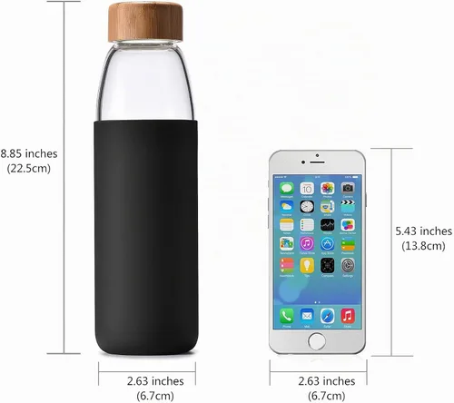 Vista 6 de Botellas de agua de vidrio de borosilicato de 18 onzas con tapa de bambú, sin BPA, funda de silicona antideslizante y tapa a prueba de fugas de Negro
