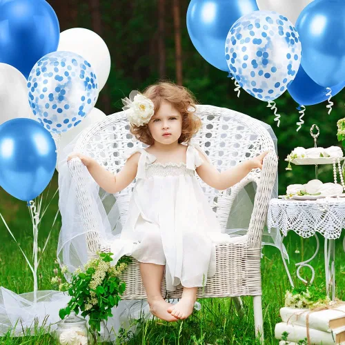 Vista 7 de Ainiv 15 globos de fiesta gruesos azules con cinta y confeti, globos metálicos de látex para baby showers, bodas, graduaciones y cumpleaños