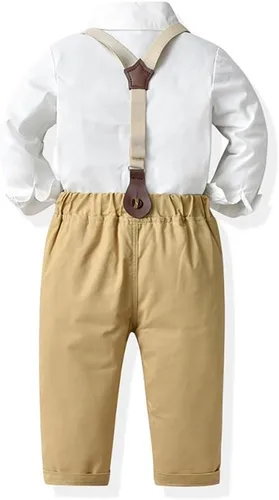 Vista 3 de IDOPIP Toddler Kids Baby Boys Formal Suit Gentleman White Shirt with Bowtie + Suspender Shorts Pants Overalls Clothes 6M-5T