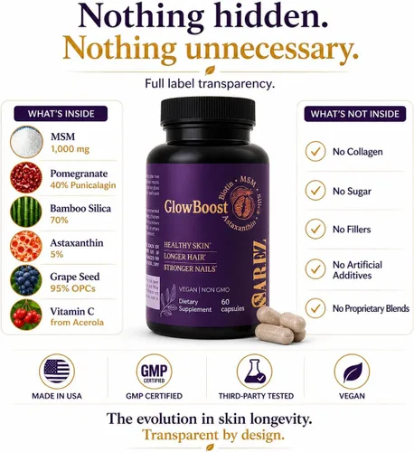 Vista 4 de Sarez Skin Longevity Complex - Astaxantina, MSM, Punicalaginas de granada y sílice de bambú - Apoya la producción y protección de colágeno