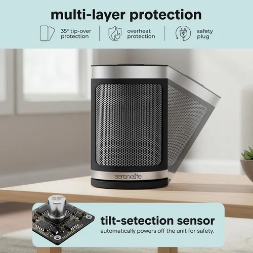 Vista 4 de SereneLife Calentador de espacio portátil – Calentador eléctrico de cerámica PTC de 1500 W con termostato, control remoto, temporizador de 12 horas
