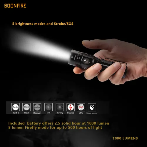 Vista 2 de Linterna LED blanca de 1000 lúmenes, E USB recargable impermeable compacta EDC Linternas de aplicación de la ley