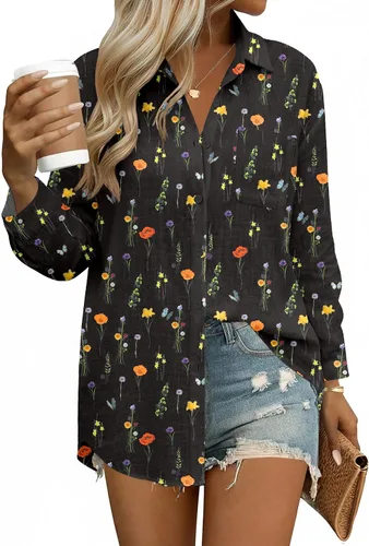 Vista 18 de HOTOUCH Camisas de manga larga con botones para mujer, blusas de lino y algodón, casuales, con cuello holgado, de gasa con bolsillo