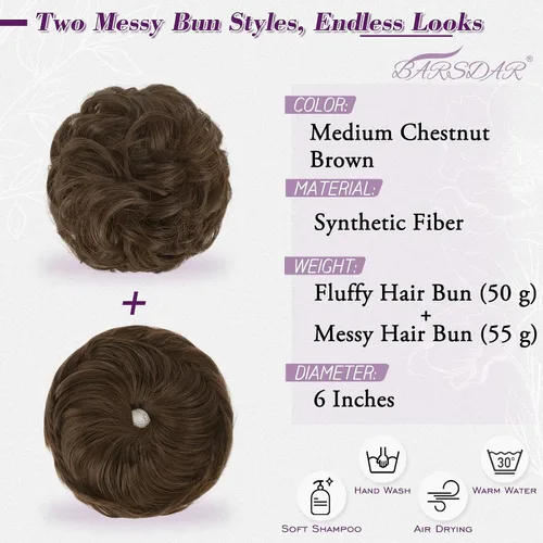 Vista 2 de BARSDAR Extensión de moño de cabello rubio cobre dorado oscuro liso + 2 piezas de cabello castaño medio marrón desordenado