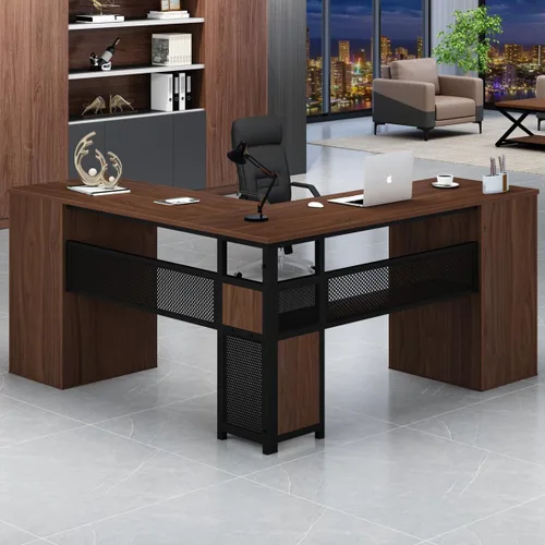 Vista 14 de HSH Escritorio negro en forma de L con cajones, escritorio de esquina con Roble negro