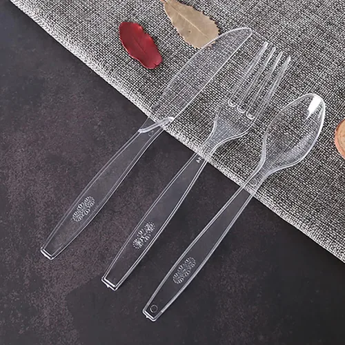 Vista 3 de MOACOCK 150 cubiertos de plástico transparente, tenedores de plástico pesado, cucharas, cuchillos, utensilios desechables para suministros de fiesta