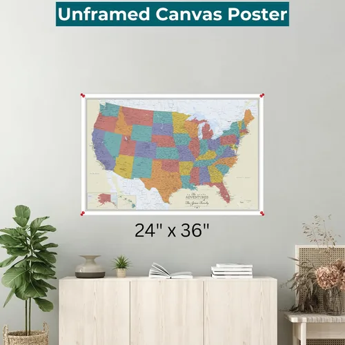 Vista 2 de Póster personalizado enrollado en lienzo con mapa de Estados Unidos, arte de pared grande de 24 x 36 pulgadas, póster de mapa de océanos de Estados