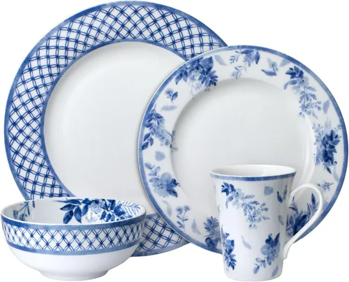 Vista 2 de Mikasa Kiley Bone China - Juego de vajilla ligera de 16 piezas resistente a las astillas, servicio para 4, azul y blanco