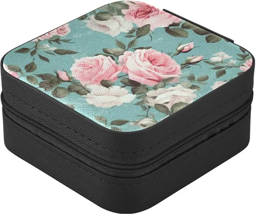 Vista 3 de Flradish Pink White Roses Travel Jewelry Case PU Leather Mini Jewelry Travel Case Portable Travel Jewellery Ring Organizer for Womens Rings Earrings