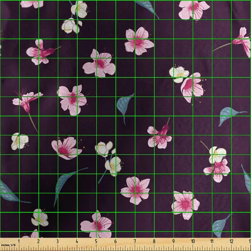 Vista 3 de Ambesonne Cherry Blossom Fabric by The Yard, Spring Night Sakura Yozakura Pattern on Nocturnal Background, Decorative Satin Fabric for Home Textiles