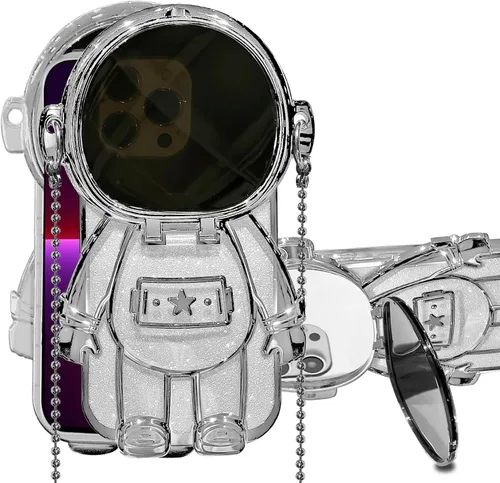 Vista 20 de Funda de astronauta compatible con iPhone 14 Pro Max con soporte, espejo, correa de hombro con cordón, espejo de papel con purpurina desmontable