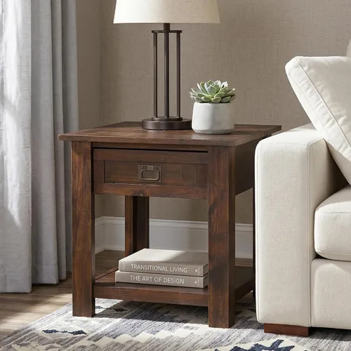 Vista 2 de SIMPLIHOME Monroe - Mesa auxiliar de madera de acacia maciza de 22 pulgadas de ancho en color marrón ceniza envejecido, mesa decorativa rústica