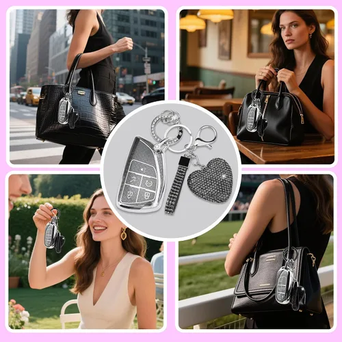 Vista 5 de Funda para llavero con llavero de corazón de diamante compatible con Chevy 2021-2024, Negro, 5 Botones