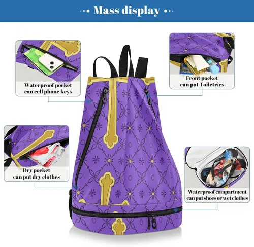 Vista 4 de Vintage Gold Cross Purple Floral Drawstring athletic bag hiking Swimming womens gym bag with Wet Dry Compartments bolso para laptop mujer