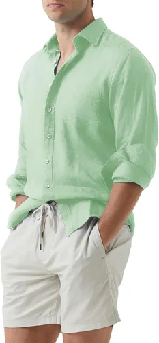 Vista 2 de JMIERR Camisa de vestir de manga larga con botones y lino de algodón para hombre