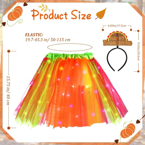 Vista 2 de Suhine Juego de 2 piezas de disfraces de pavo de Acción de Gracias para mujeres y niñas, falda tutú LED para vacaciones, diadema de pavo para trot