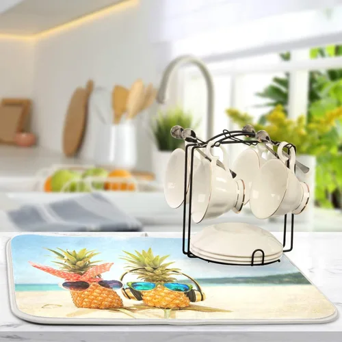 Vista 5 de Tapete de secado de platos de piña de verano divertido para decoración de fregadero de cocina, 16 x 18 pulgadas, tapete escurridor de platos junto