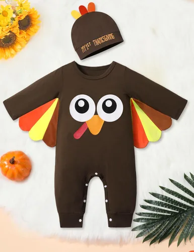 Vista 4 de NAPU My First Thanksgiving Baby Boy Outfit Cute Turkey Romper Long Sleeve One Piece Jumpsuit Hat 2Pc Baby Thanksgiving Outfit Mi primer día