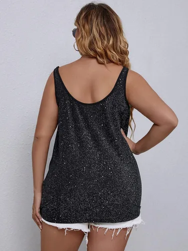 Vista 2 de Floerns Camiseta sin mangas con cuello drapeado con purpurina para mujer, talla grande