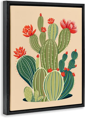 Vista 3 de Stupell Industries Ziwei Li - Lienzo decorativo para pared, diseño de flores de cactus caprichoso Flotador negro enmarcado