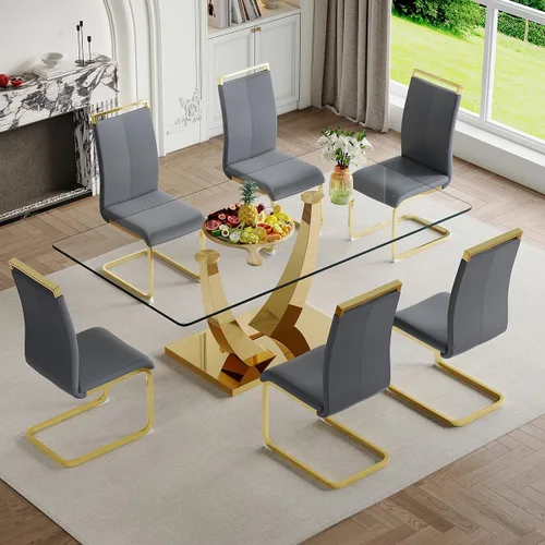 Vista 20 de Juego de mesa de comedor de cristal de 63 pulgadas para 4, mesa de comedor para 4, mesa de comedor con patas y base de acero inoxidable, sillas