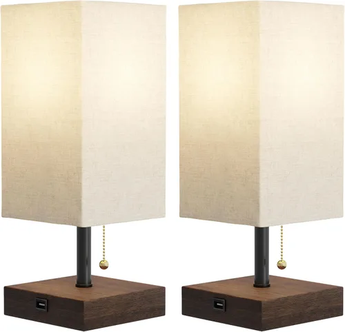 Vista 9 de Lavish Home Juego de lámpara de mesa pequeña con base de madera, juego de 2 luces rectangulares modernas con bombilla LED que incluye decoración