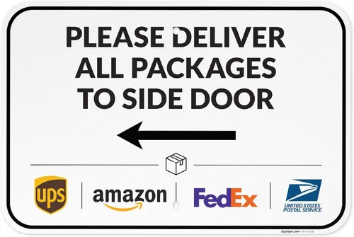 Vista 35 de Señal de entrega del paquete, instrucciones de entrega todo el paquete a la señal de la puerta trasera, 10 x 7 pulgadas, aluminio 040 libre