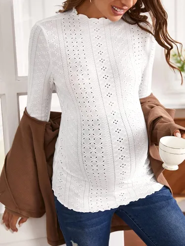 Vista 3 de SOLY HUX Camiseta de maternidad para mujer, cuello alto falso, ribete de volantes, color liso, manga larga, casual, camiseta