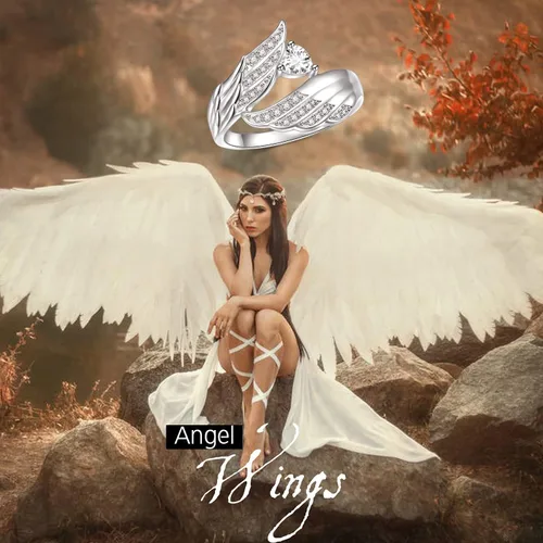 Vista 6 de Anillo de plata de ley 925 con alas de ángel y circonita cúbica gran pluma joyería para mujer