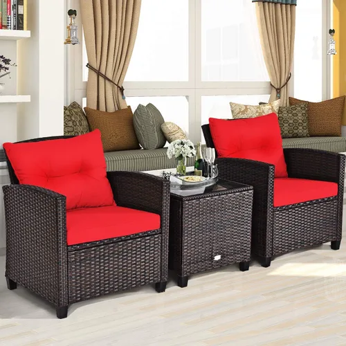 Vista 11 de Moderno juego de muebles de mimbre beige de 3 piezas para patio con cojines resistentes al agua y mesa de vidrio templado