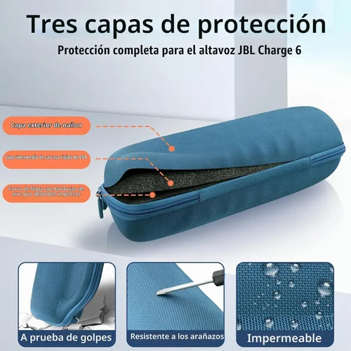 Vista 8 de co2CREA Case for JBL Charge 6 Portable Bluetooth Speaker, Blue Acolchado de espuma de alta densidad, mango reforzado, correa de hombro desmontable