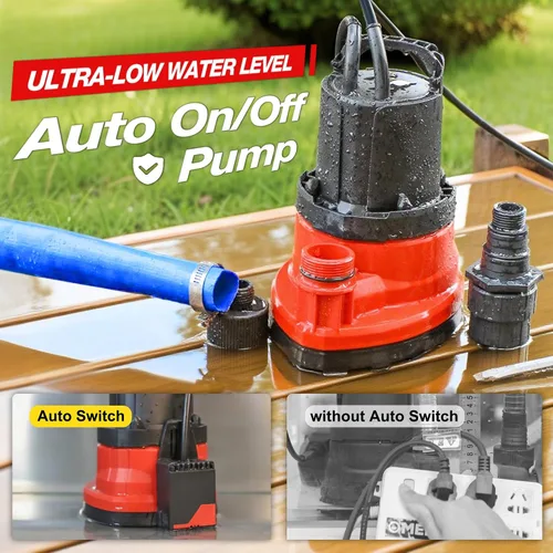 Vista 2 de MEDAS Bomba sumergible automática de 1/3 HP 2450 GPH, encendido/apagado automático con sensor inteligente, drena a 0.04 pulgadas, bomba de agua