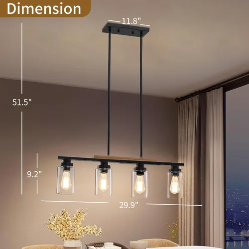 Vista 2 de Lámpara de comedor sobre mesa, iluminación de isla de cocina de 4 luces, modernos candelabros de madera para comedor con altura ajustable, luces