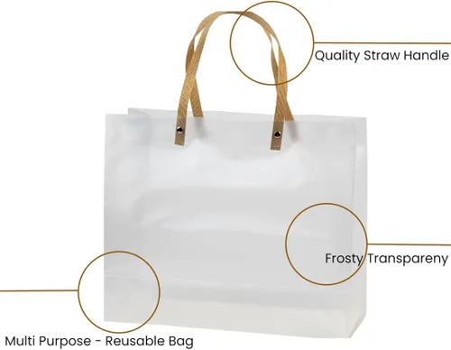 Vista 4 de Hammont Bolsas de regalo transparentes esmeriladas – Paquete de 10 – Bolsas reutilizables de plástico con mango de paja marrón – 9.75 x 11.75 x 4.5