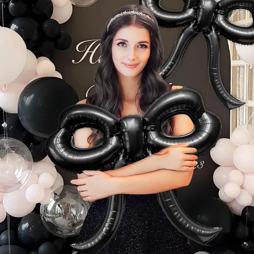 Vista 5 de 2 piezas de decoraciones de cumpleaños con lazo, globos de lazo negro, decoraciones de fiesta con lazo, globo gigante de papel de aluminio