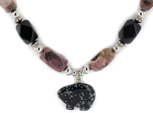 Vista 3 de 280al por menor etiqueta oso auténtico fabricado por Charlene Little Navajo plata Natural ónix negro Charoite y obsidiana copo collar de nativo