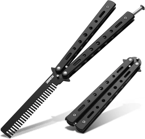 Vista 19 de Dispatch Cuchillo mariposa de entrenamiento Balisong sin afilar con hoja de acero inoxidable, mango 3Cr13 negro (con recortes) y traba